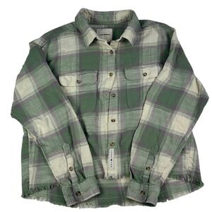 Lucky Brand Green Plaid Raw Hem Flannel Button Down Shirt Women's Medium
